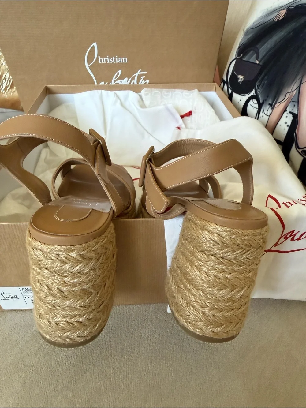 Christian Louboutin Calakala Tan Leather Espadrille Wedge Sandals size 7